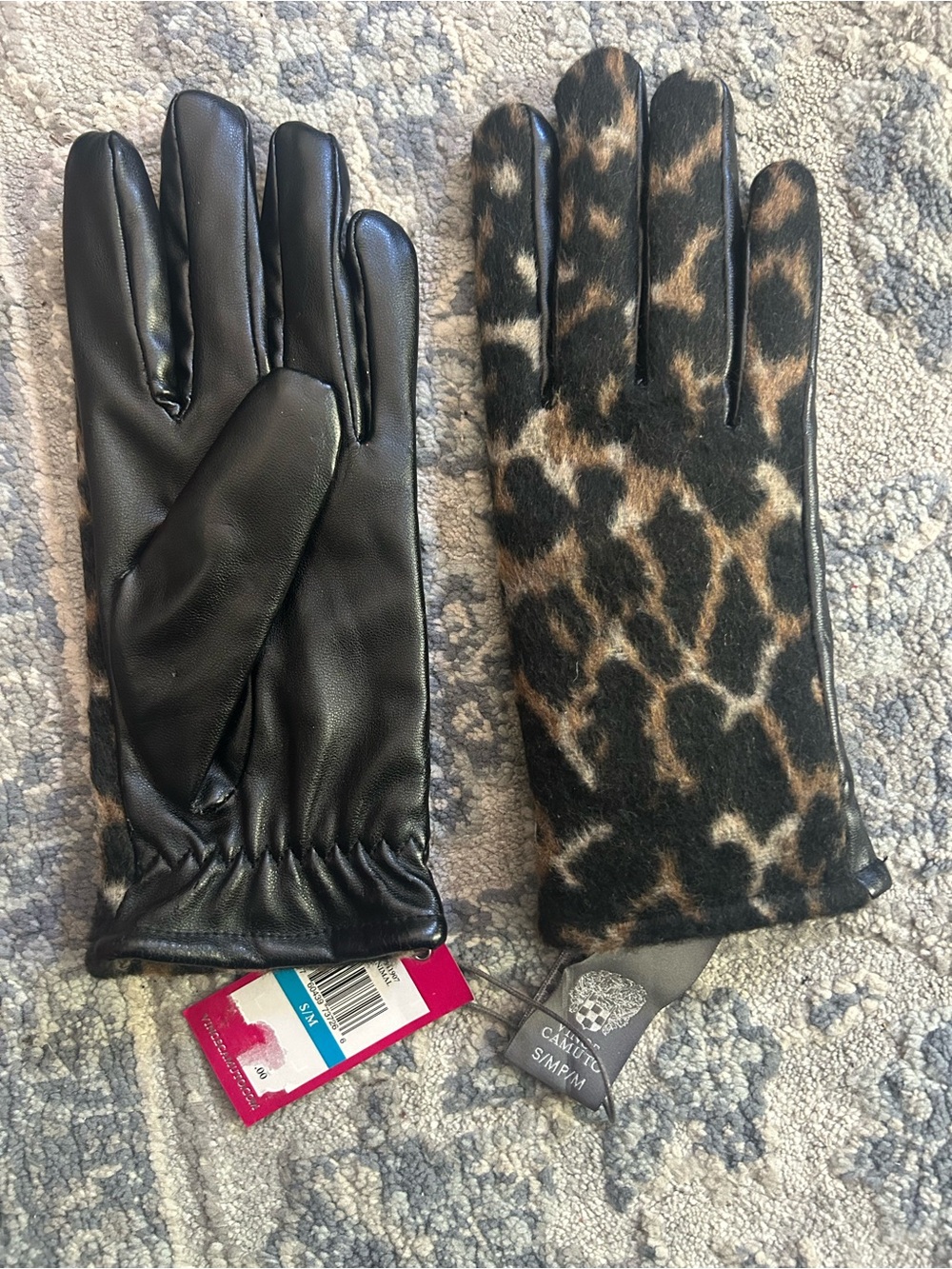 Vince Camuto Leopard Print Wool-Blend Gloves with Black Faux Leather Palm
